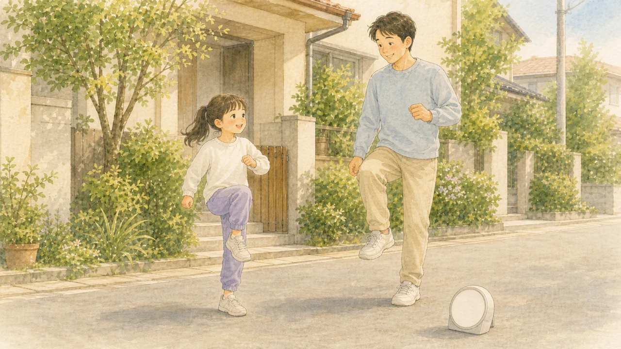 家の前の道で、地面に置いたキッチンタイマーのそばで親子が短い練習をしている様子（イラスト）