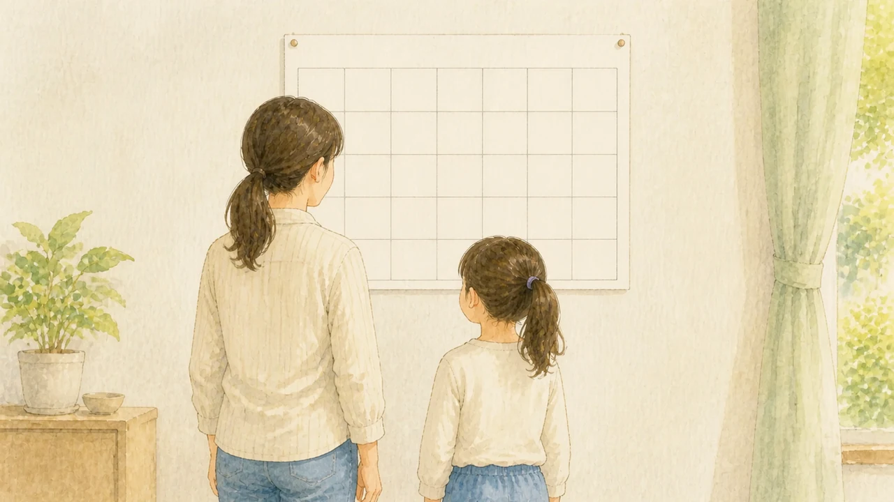 壁に貼った月間カレンダーの前に、母親と小学生の子どもが並んで立って見上げている様子（イラスト）