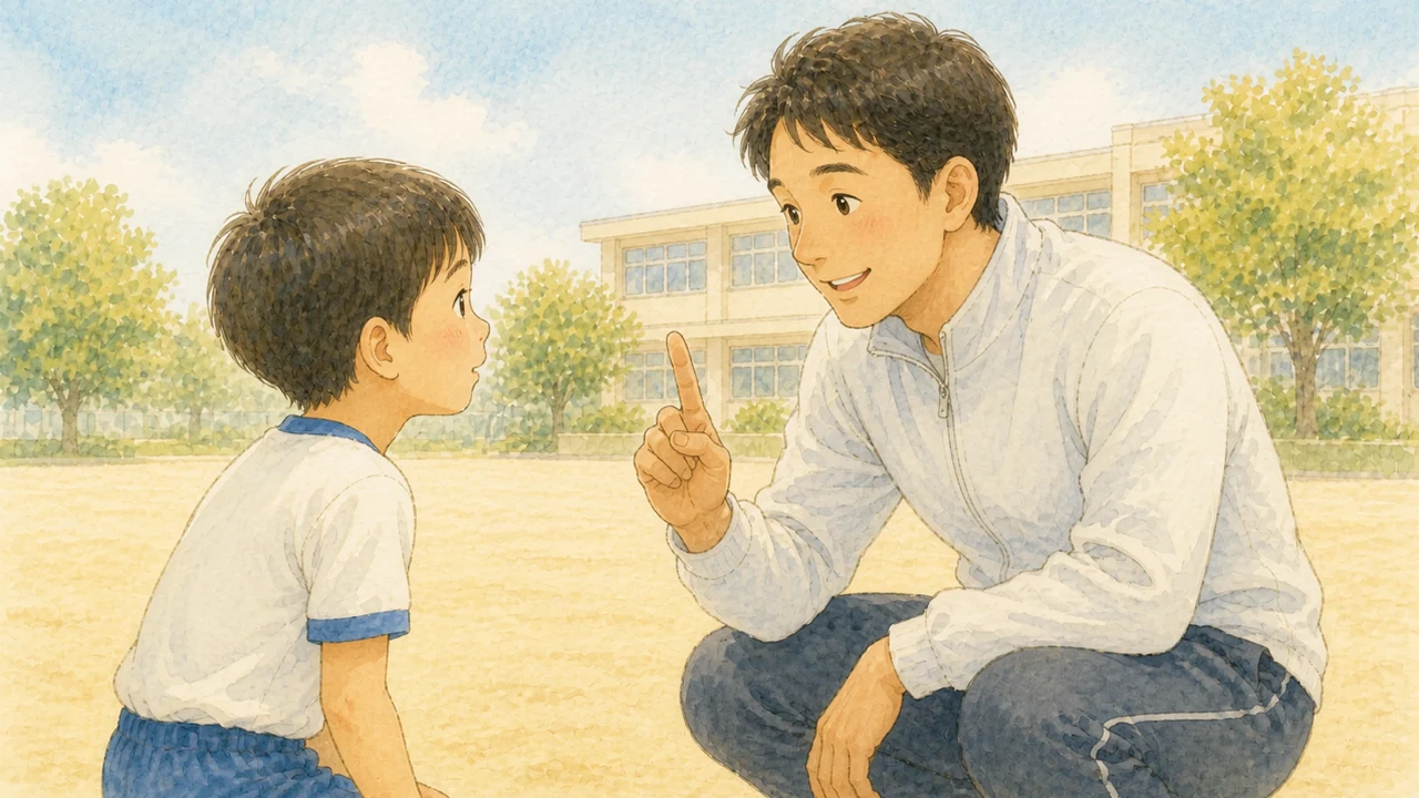 校庭で、しゃがんだコーチが指を1本立てて子どもに1つだけ伝えている様子（イラスト）