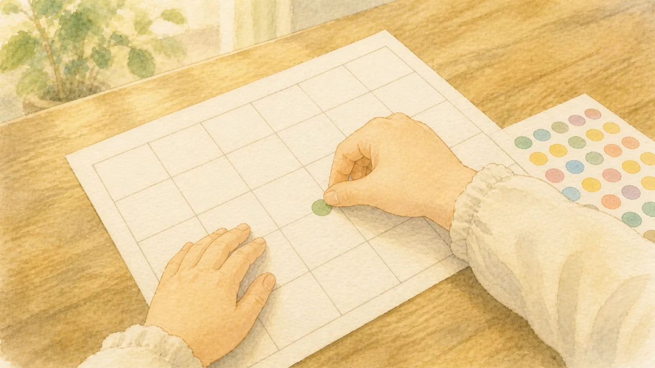 机に広げたカレンダーの休む日のマスに、子どもがシールを貼っている手元（イラスト）