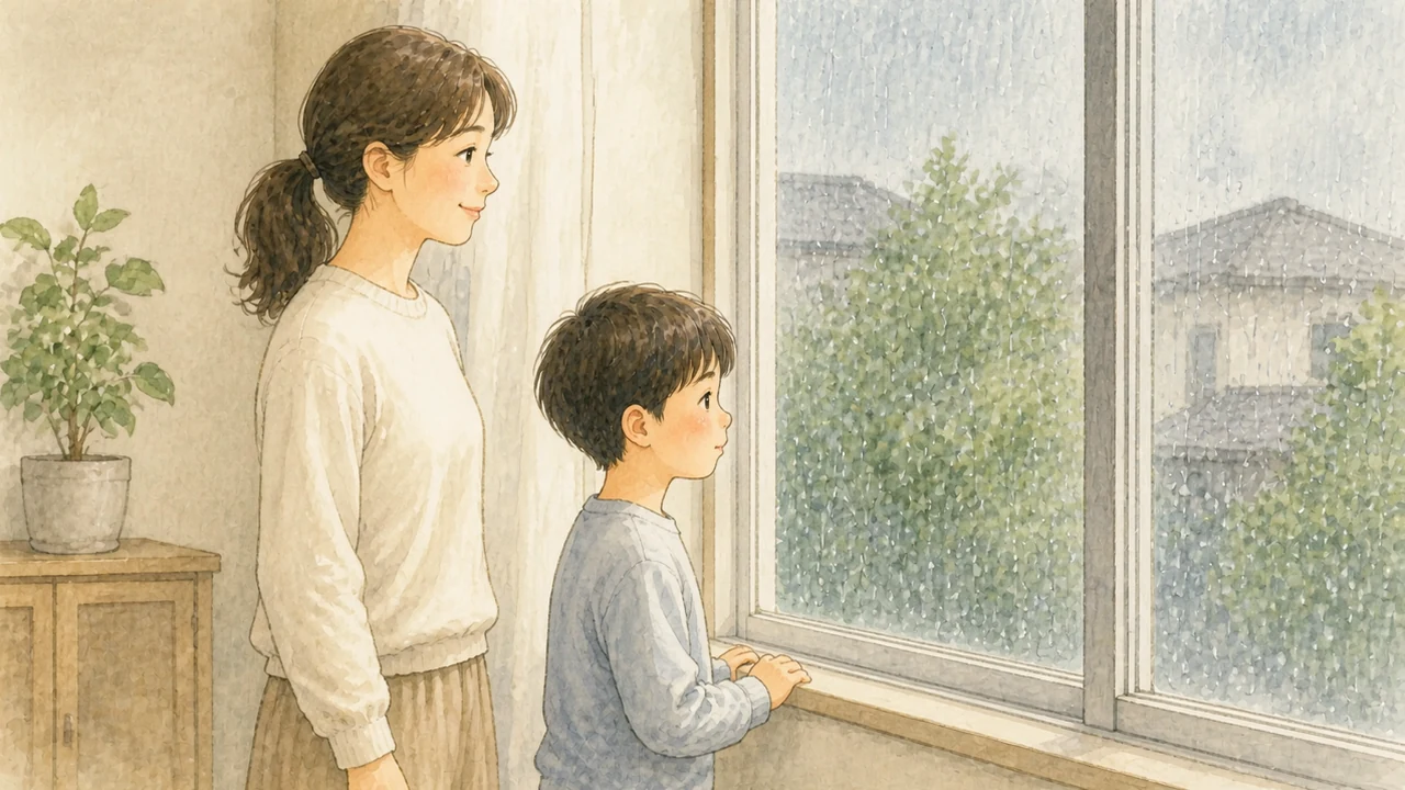 雨の降る窓辺で外を見ている子どもと、気にしていない様子で隣に立つ母親（イラスト）