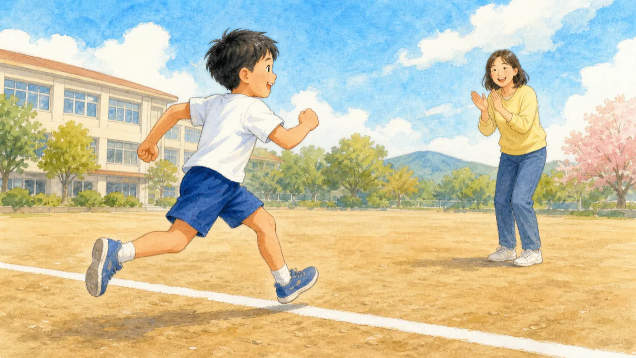 ゴールの線を勢いよく走り抜ける子と、その先で拍手して迎える保護者の様子（イラスト）