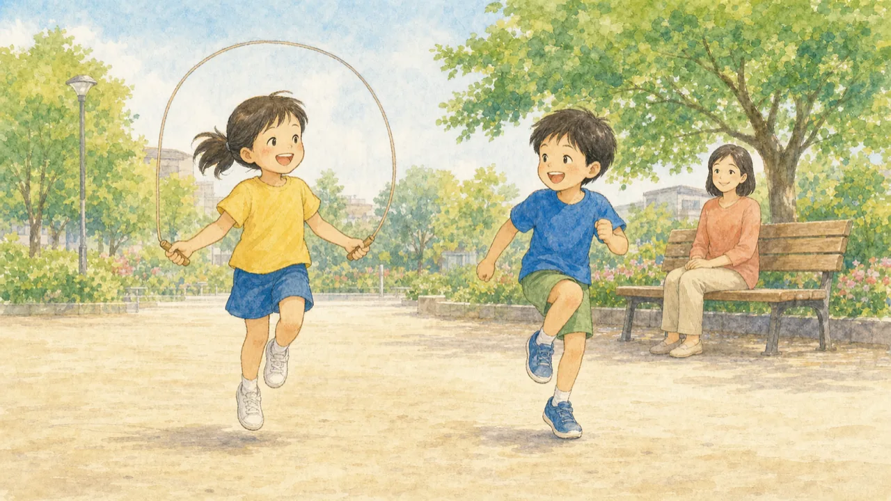 公園で縄跳びを跳ぶ子と、となりでスキップをする子が並んで遊んでいる様子（イラスト）