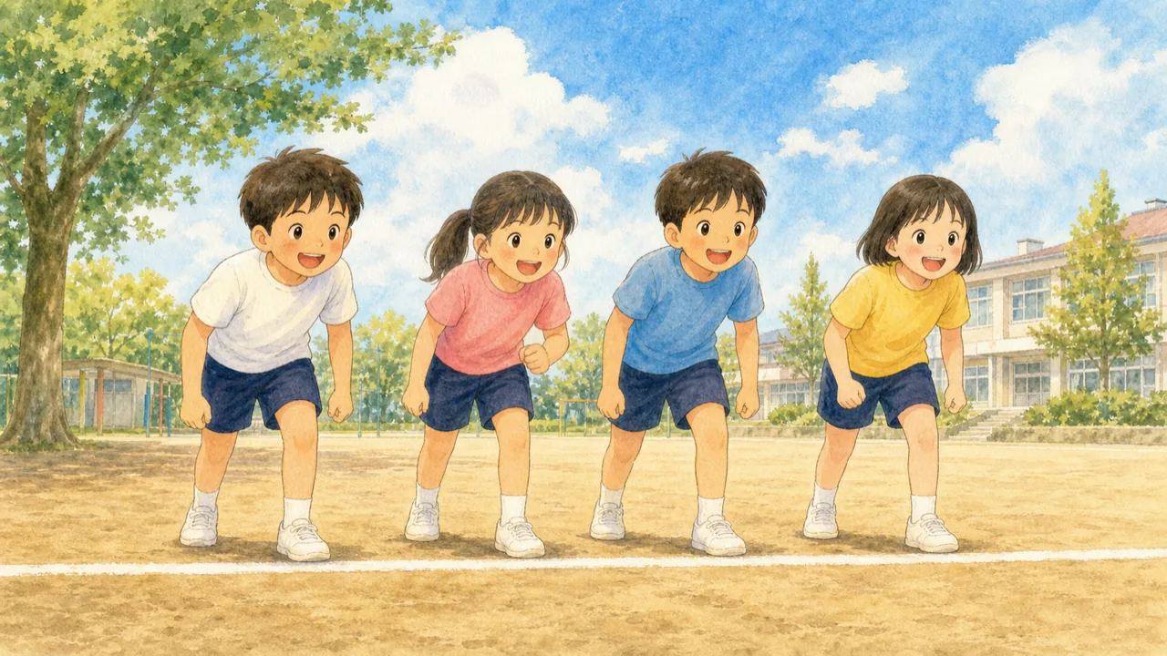 校庭のスタートラインに並んで、これから走ろうとしている子どもたちの様子（イラスト）