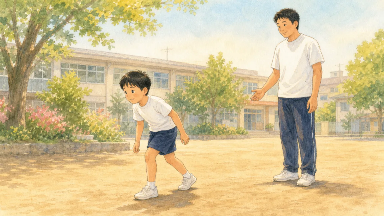 スタート前に前かがみの構えをとる子を、横からコーチが静かに見守っている様子（イラスト）
