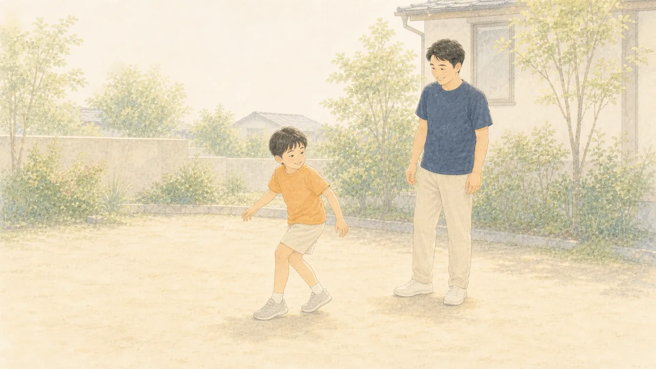 庭先で、子どもがゆっくり向きを変える動きを確かめ、保護者がとなりで見守っている様子(イラスト)