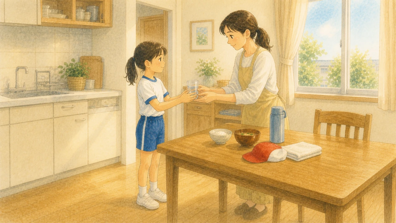 登校前の家の台所で、母親が水の入ったコップを小学生の女の子に手渡している様子（イラスト）
