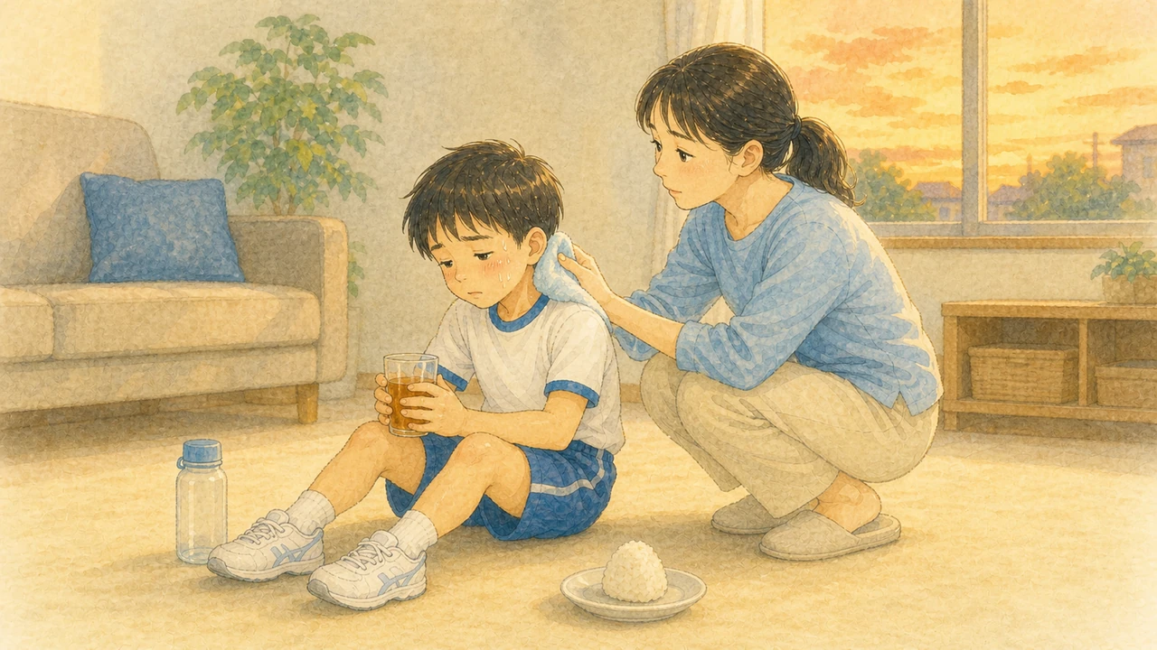 練習から帰ってきた小学生の男の子が、母親に冷たいタオルを首に当ててもらっている様子（イラスト）