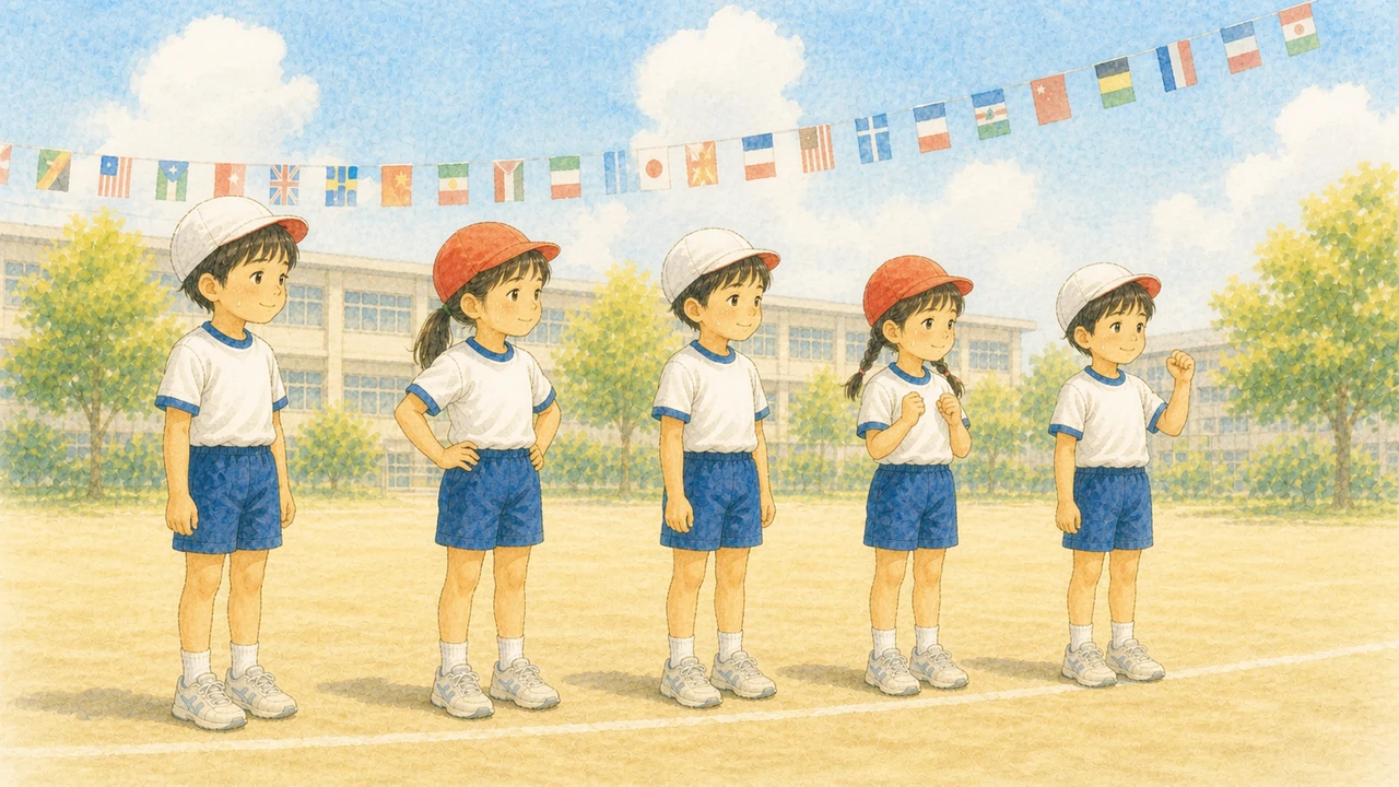 9月の日ざしが残る校庭で、赤白帽をかぶった小学生たちが運動会の練習をしている様子（イラスト）