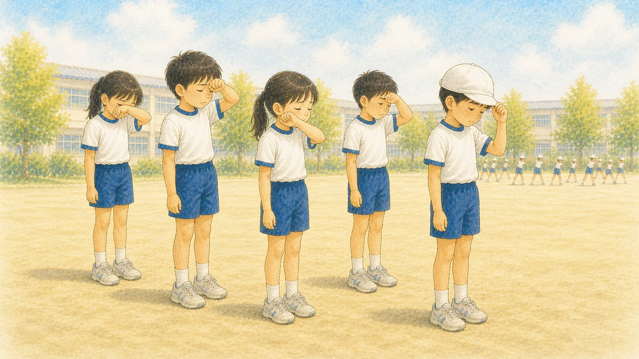 校庭の日なたで、出番を待って列に並んだまま立ち続けている小学生たちの様子（イラスト）