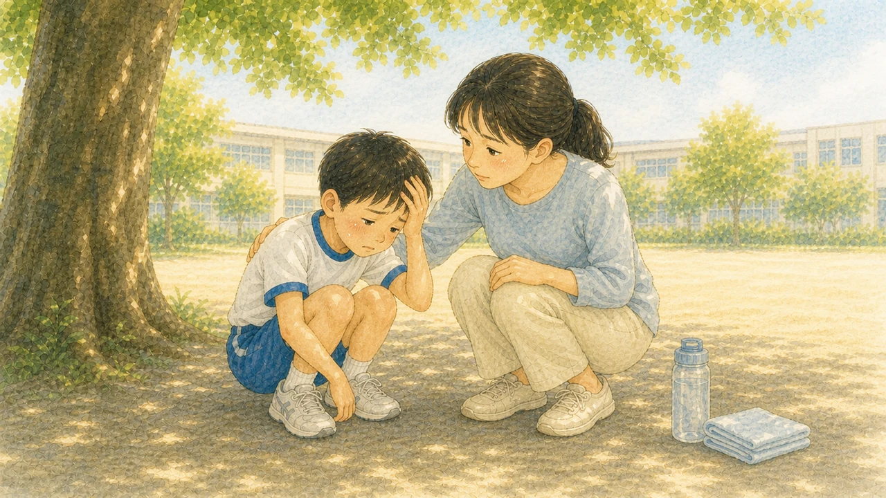 校庭の日かげで、頭を押さえてしゃがみ込んだ小学生に大人が付き添っている様子（イラスト）