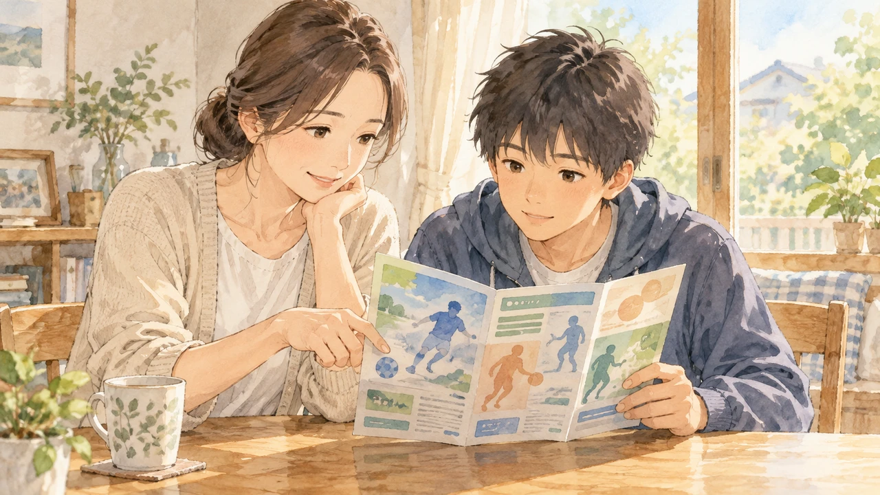 地域のスポーツ活動の案内を見る親子(イラスト)