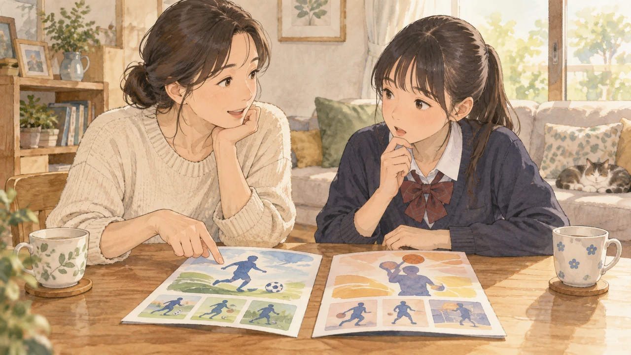 二つの活動案内を見比べる親子(イラスト)