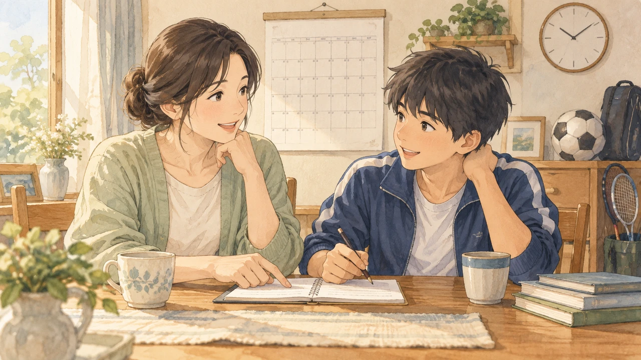 費用や予定を相談する親子(イラスト)