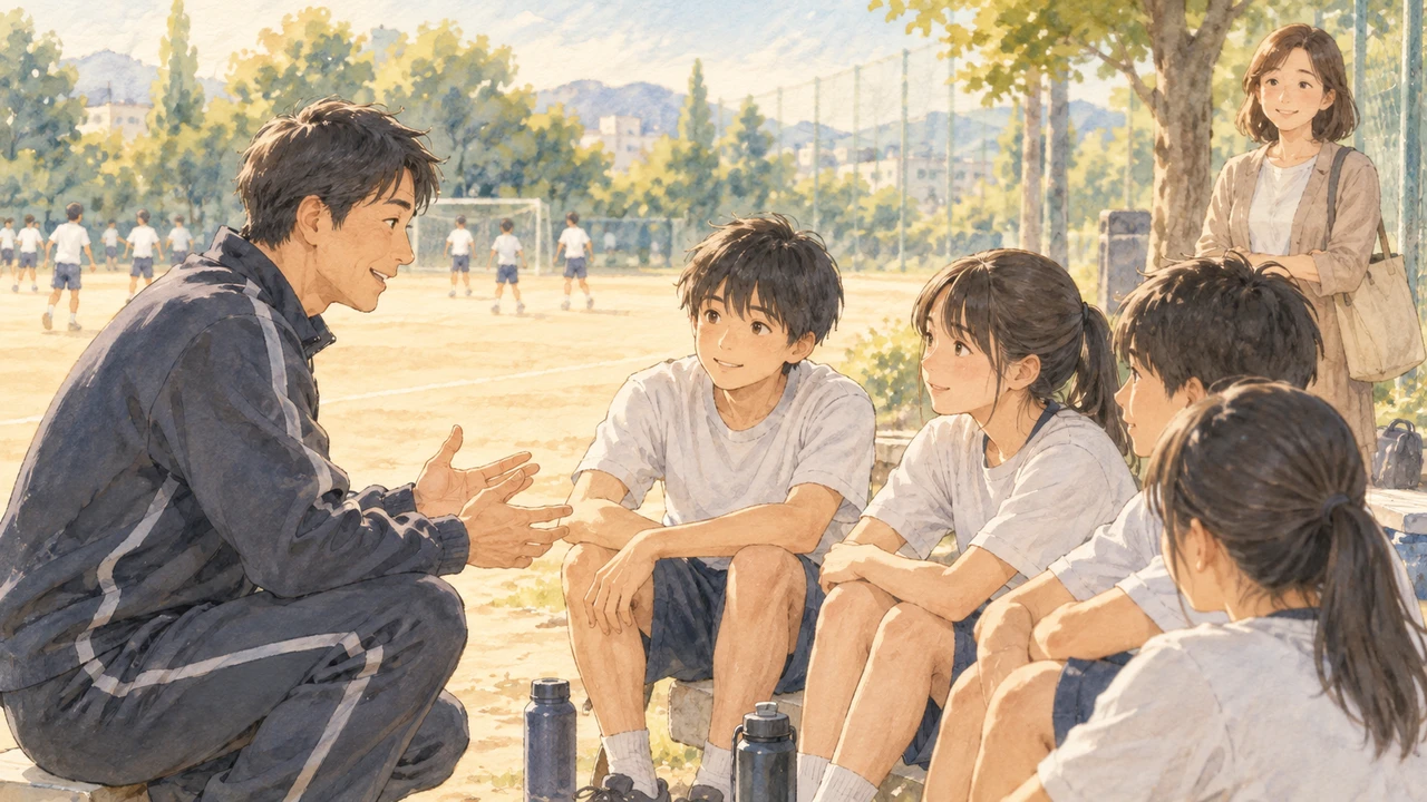 指導者と話す中学生たちを見学する保護者(イラスト)