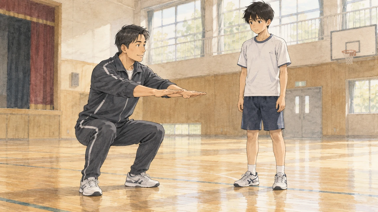 コーチの動きを見て学ぶ中学生(イラスト)