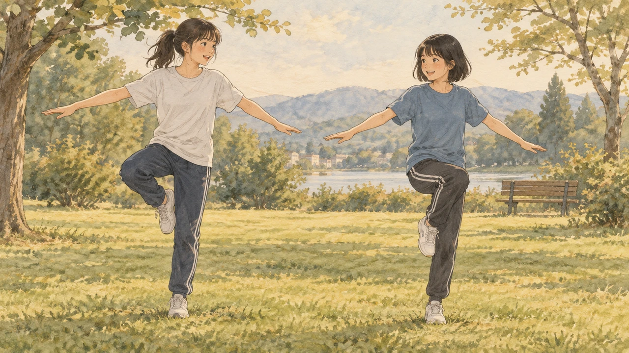 公園でバランス遊びをする中学生(イラスト)