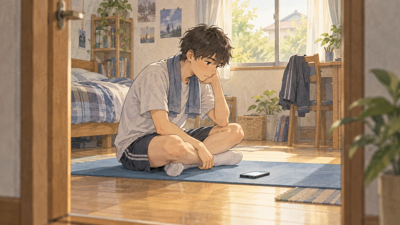自宅で動画を見て運動内容を考える中学生(イラスト)