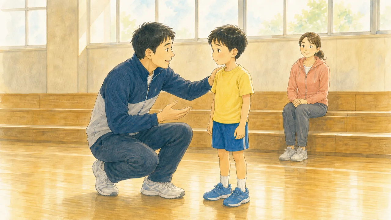 体育館で、コーチがしゃがんでうまくできずにいる男の子に目線を合わせて声をかけ、その様子を見学席から母親が見守っている様子（イラスト）