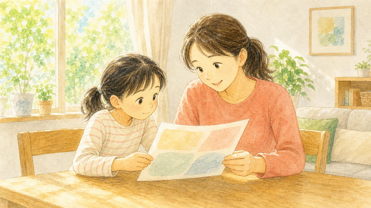 明るいリビングのテーブルで、母親と小学生の女の子が体験教室のチラシを一緒にのぞき込んでいる様子（イラスト）