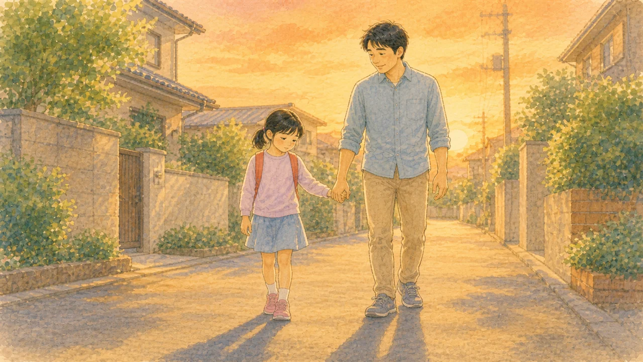 夕方の帰り道、少し元気のない女の子と、その手をつないで並んで歩く父親の様子（イラスト）