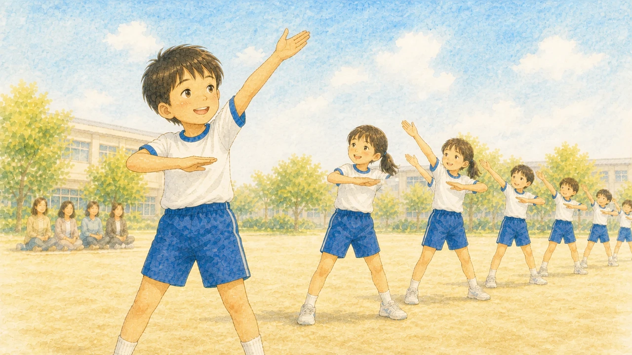 運動会の練習で、列に並んだ子どもたちが振りを合わせて踊り、手前の男の子が笑顔で腕を上げている様子（イラスト）