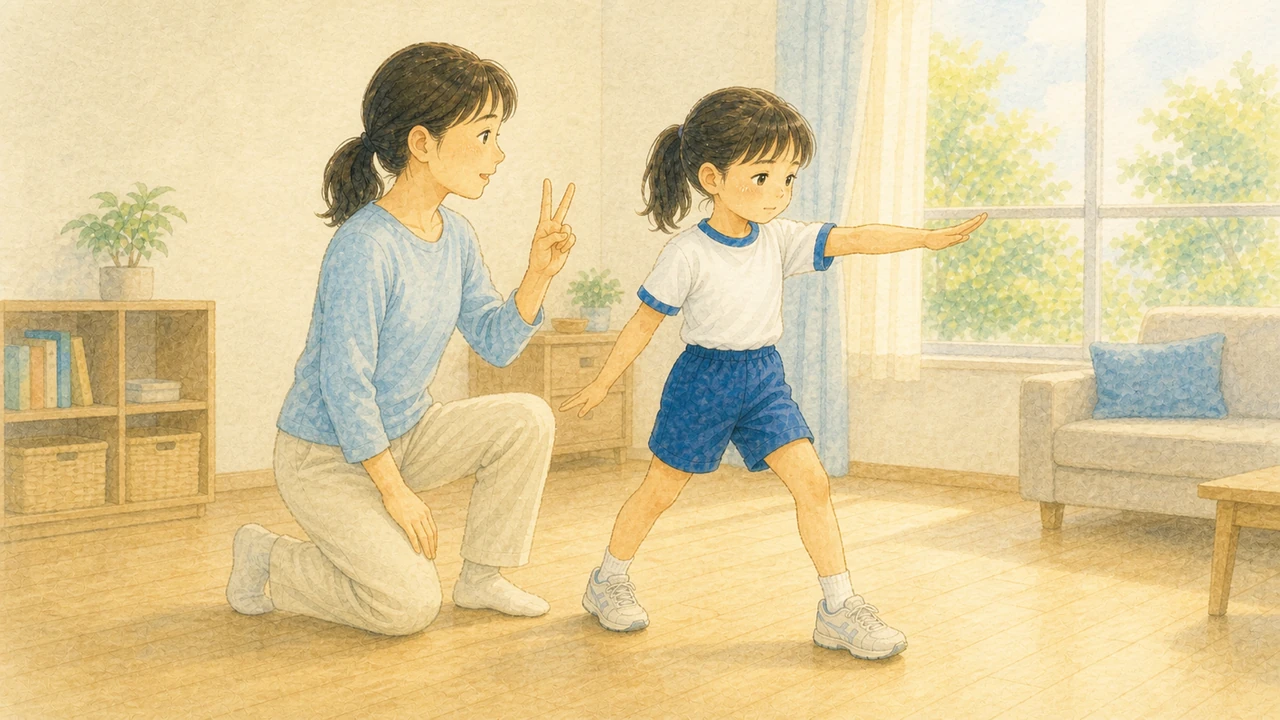 リビングで母親が指で数を数えながら、子どもがゆっくり振りをなぞっている様子（イラスト）