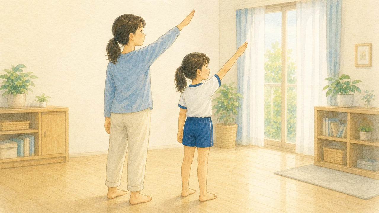 家の中で裸足の子どもと母親が並んで同じ向きに立ち、短い振りを合わせている様子（イラスト）