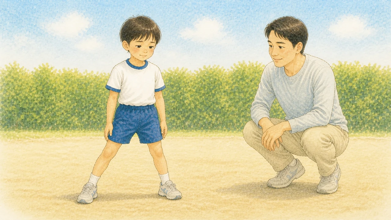 子どもが腕を下ろしたまま足のステップだけを踏み、その手前で父親が見守っている様子（イラスト）
