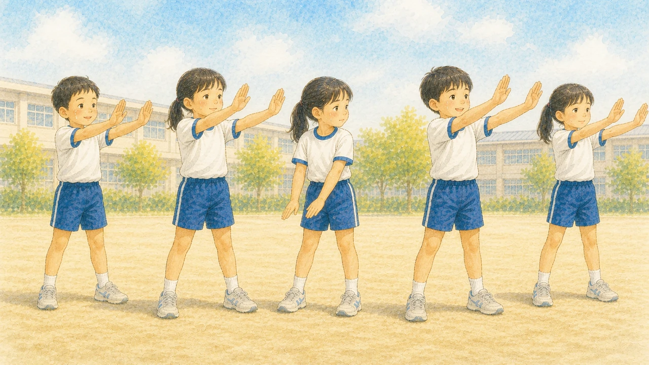 校庭で列になってダンスを練習する子どもたちの中で、一人が隣の友だちを見てから動き出している様子（イラスト）