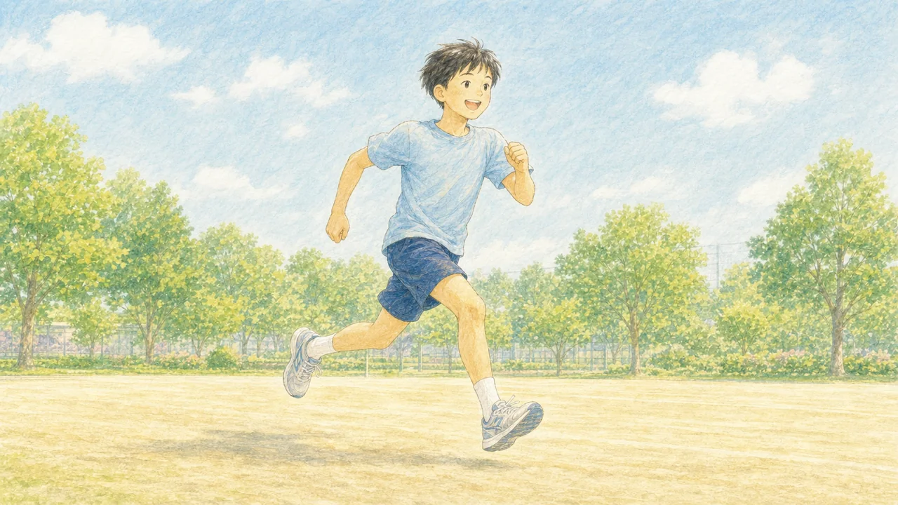 中学生が屋外で生き生きと走り、体を動かしている様子（イラスト）