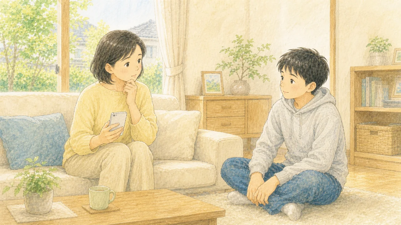 スマホで情報を見ながら、中学生の我が子を見て少し不安そうにする保護者の様子（イラスト）