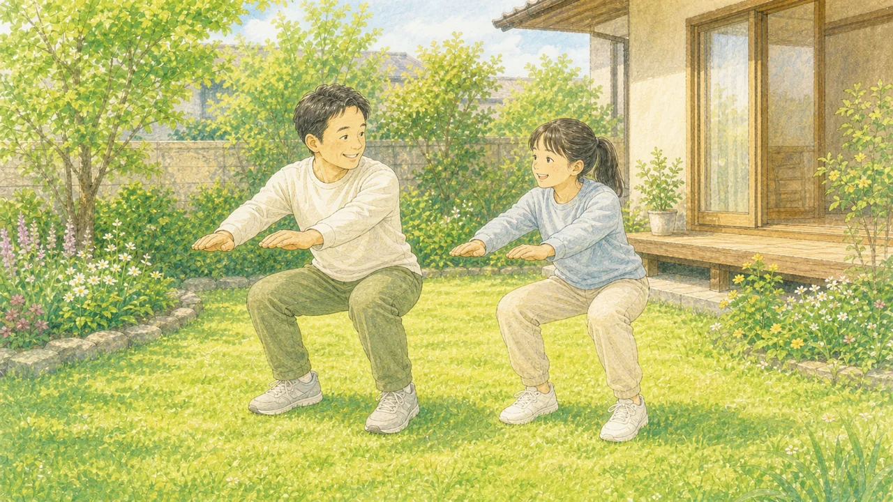 親子が家でスクワットなどの自重トレーニングに一緒に取り組む様子（イラスト）