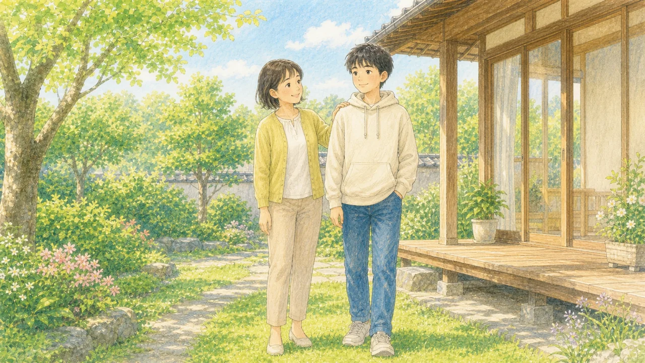 保護者が中学生の子どもに笑顔で寄り添い、穏やかに見守る様子（イラスト）