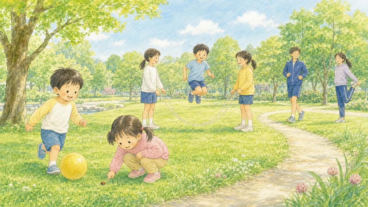 幼児・小学生・中学生がそれぞれの遊びを楽しむ公園の様子（イラスト）