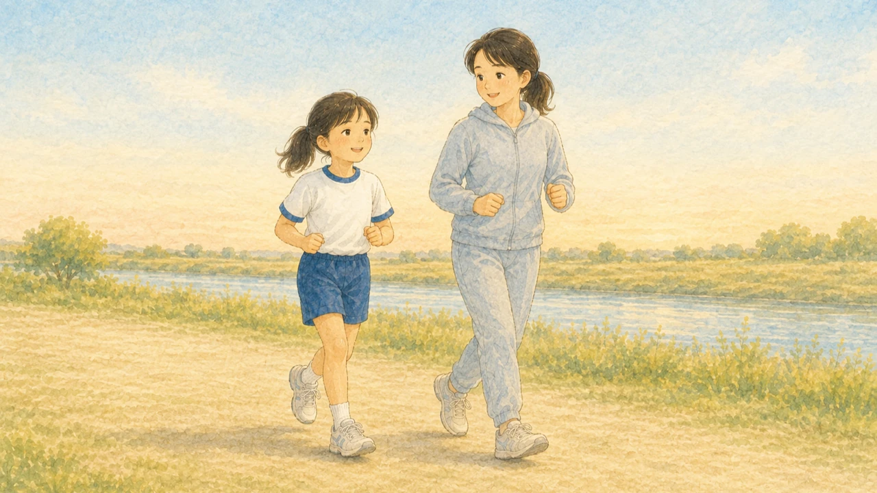 夕方の河川敷の芝生で、母親と並んで軽く走っている小学生の女の子の様子(イラスト)