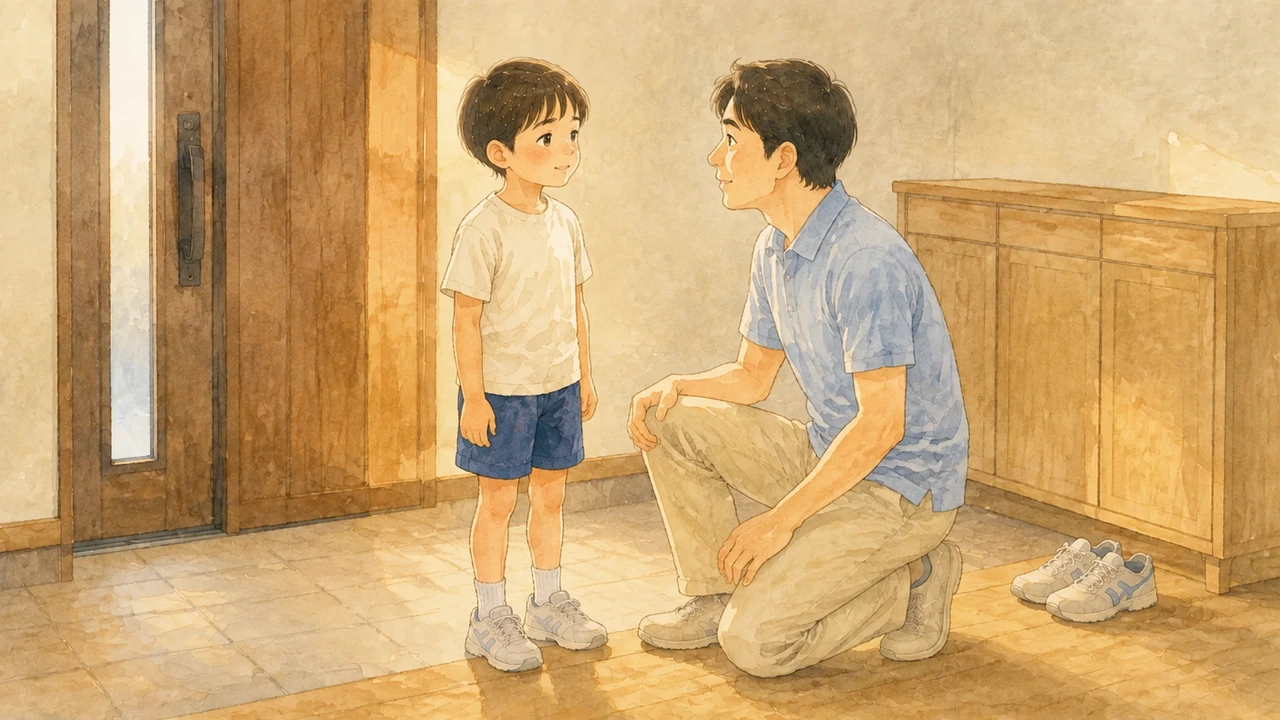 夕方の玄関先で、しゃがんで子どもと目線を合わせ、短く声をかけている父親の様子(イラスト)