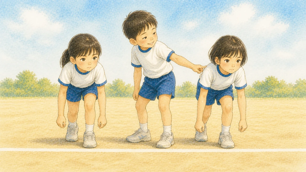 校庭のスタートラインに並びながら、照れ笑いを浮かべて隣の子にちょっかいを出している小学生の男の子の様子(イラスト)