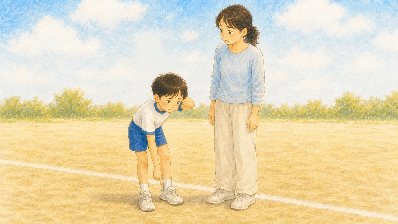 走り終えたあと、ゴールのわきで肩をすくめて母親に言い訳をしている小学生の男の子の様子(イラスト)