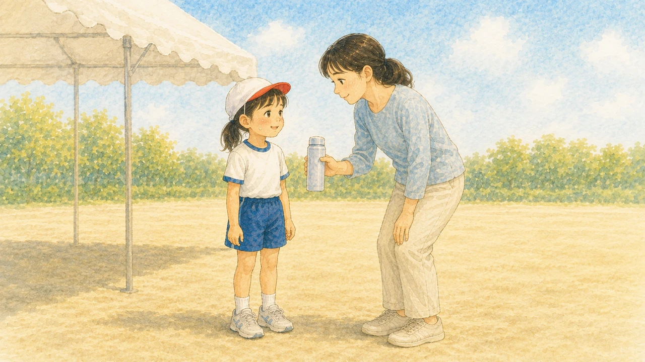運動会のあと、テントのわきで水筒を渡しながら短く声をかけている母親と、少し照れた顔の小学生の女の子の様子(イラスト)