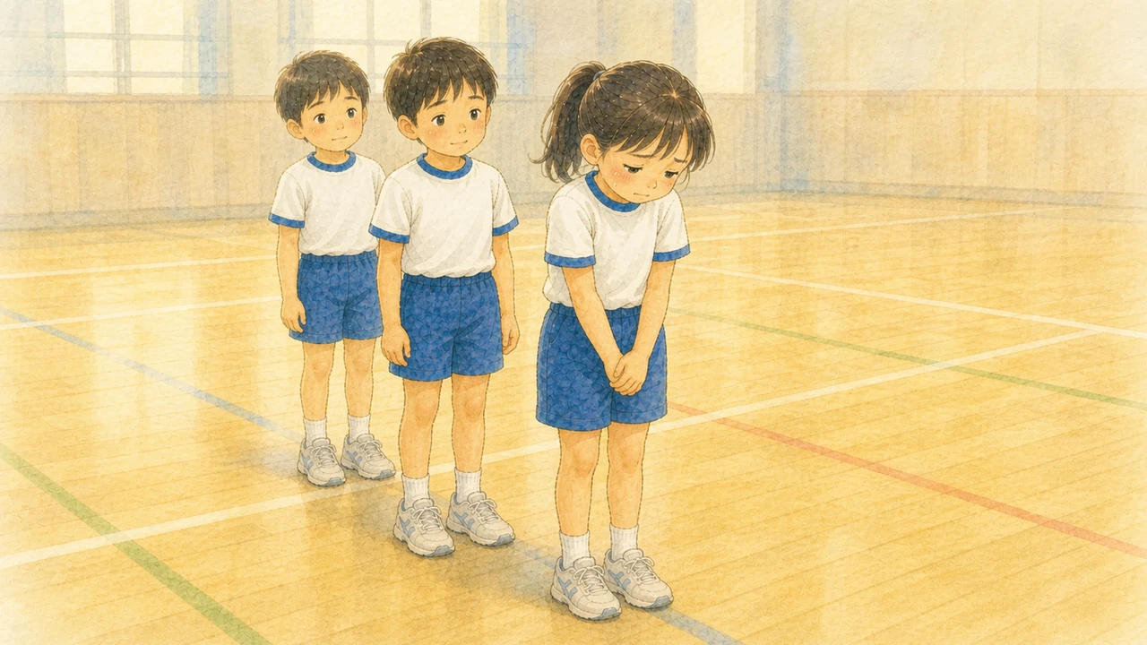 体育の列の先頭で、みんなに見られながら順番を待って肩を縮めている小学生の女の子の様子（イラスト）