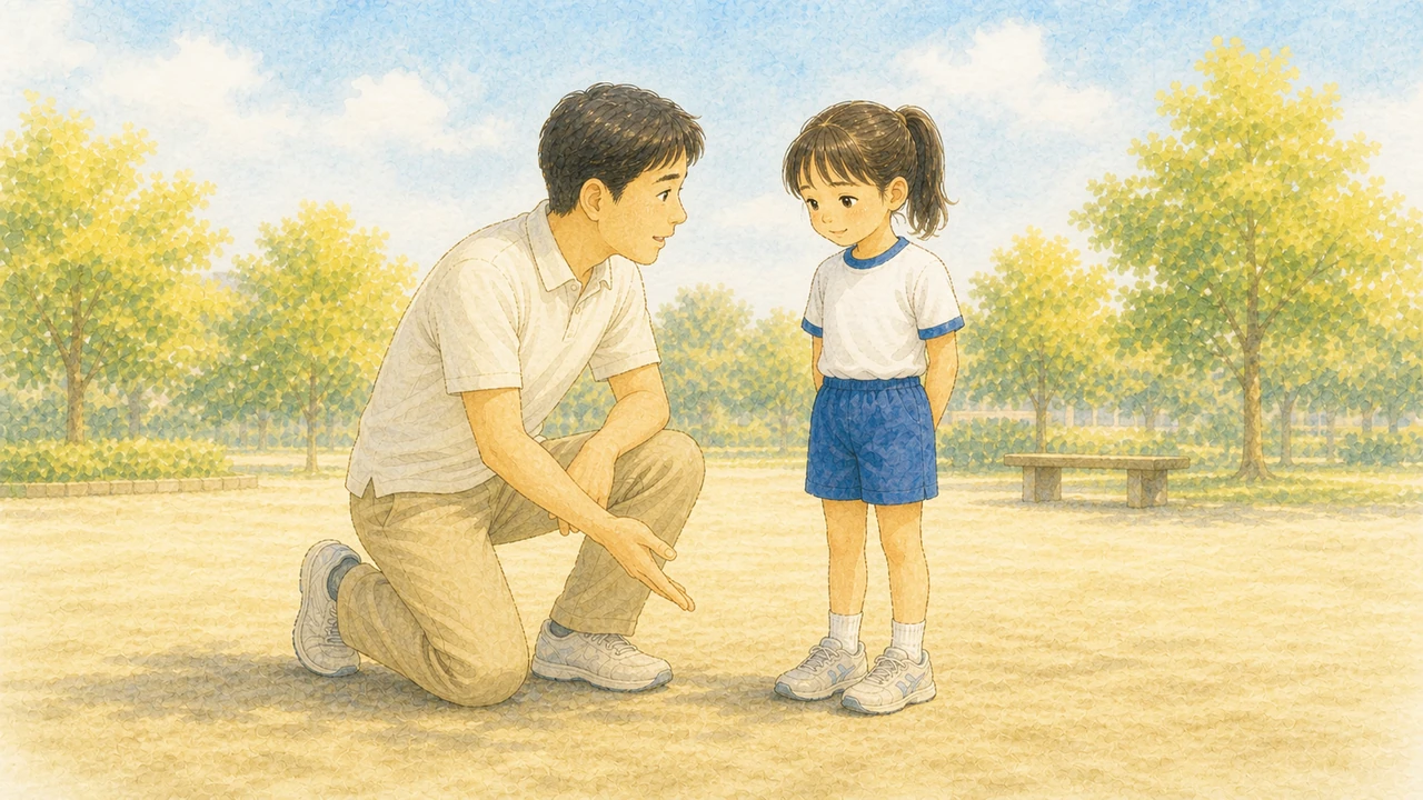 公園で、しゃがんだ父親が小学生の女の子と目線を合わせ、足元の動きについて具体的に話している様子（イラスト）
