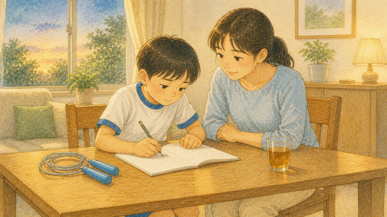 家のテーブルで、小学生の男の子が今日できたことをノートに3行書き、母親が横で見守っている様子（イラスト）