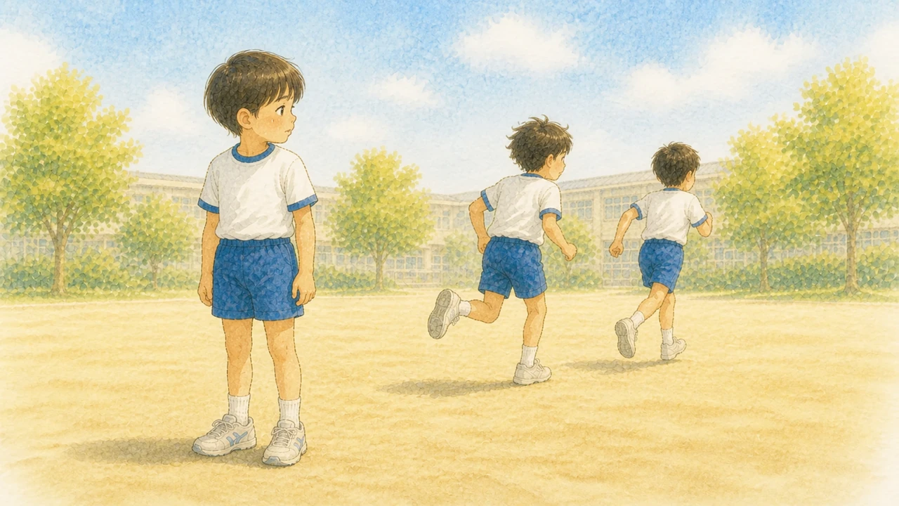 校庭で順番を待つ列に並びながら、走っている友だちのほうをじっと見ている小学生の男の子の様子（イラスト）
