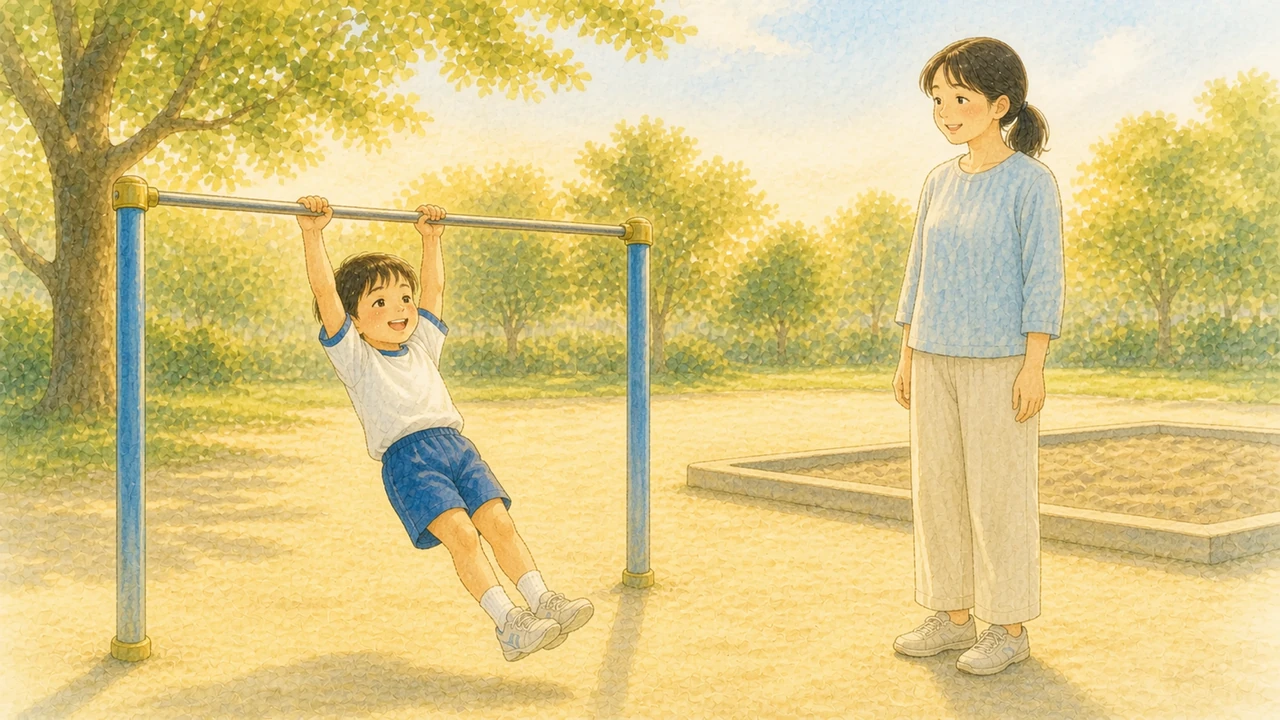 夕方の公園で、鉄棒にぶら下がって笑っている小学生の男の子と、そばで見ている母親の様子（イラスト）