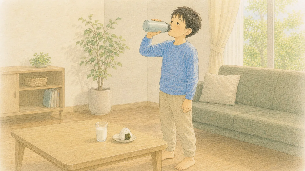 練習から帰った子どもが水筒を飲み、テーブルに牛乳とおにぎりが用意されている様子（イラスト）