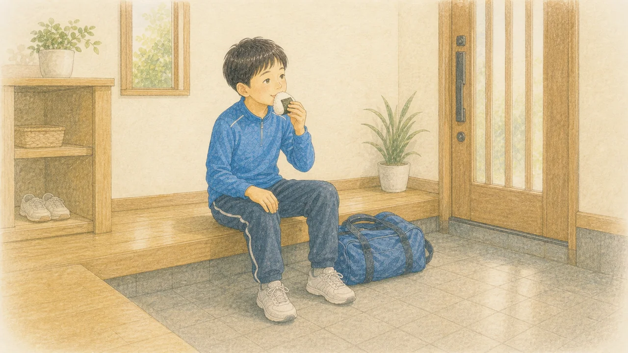 練習に出かける前の玄関先で、スポーツウェアの子どもがおにぎりを一口食べている様子（イラスト）