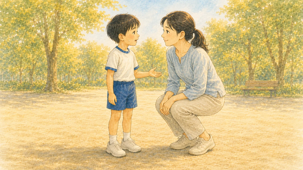 夕方の公園で、小学生の男の子が母親を見上げて「速くなりたい」と話しかけている様子(イラスト)