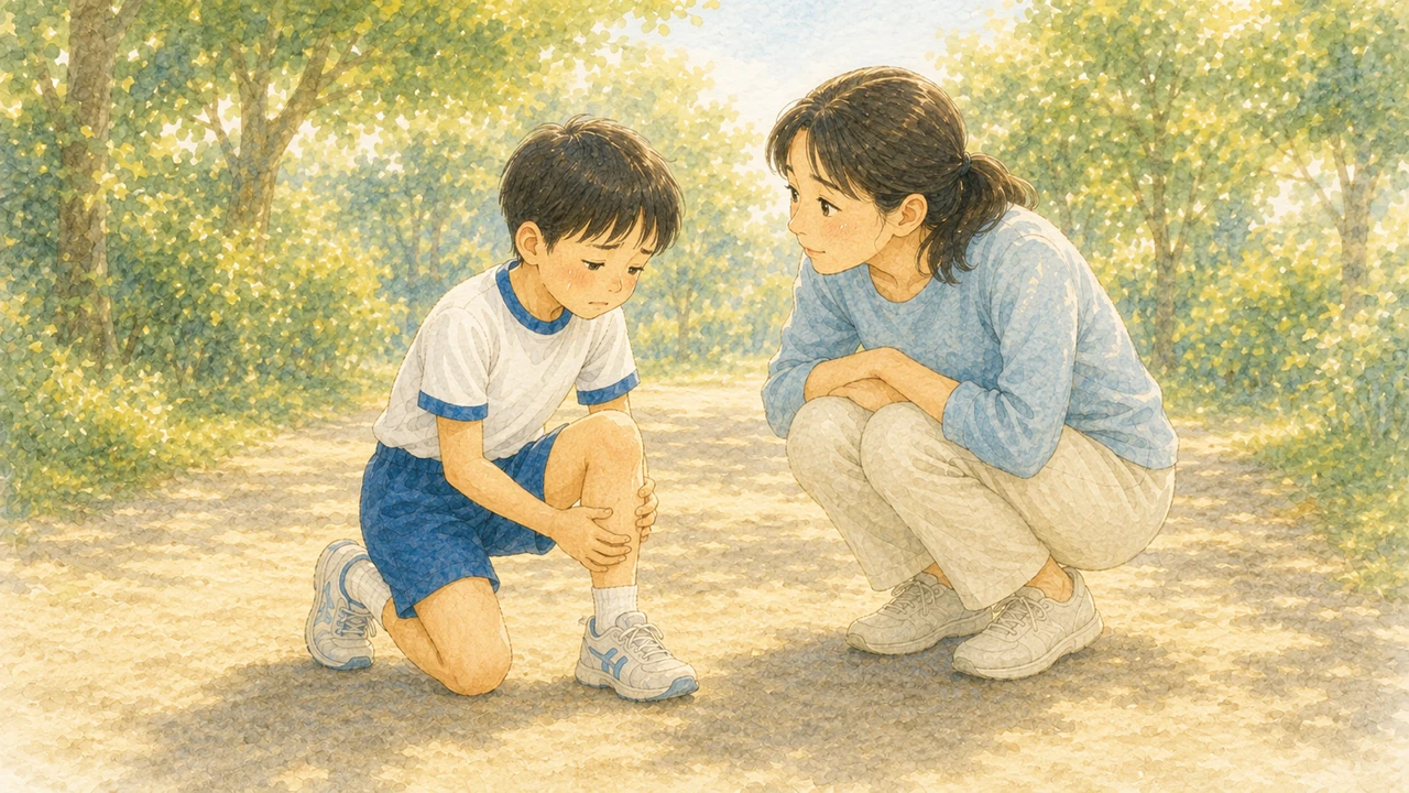 走り出す前に地面にしゃがんで片足のふくらはぎを押さえている小学生の男の子と、心配そうにかがみ込む母親の様子(イラスト)