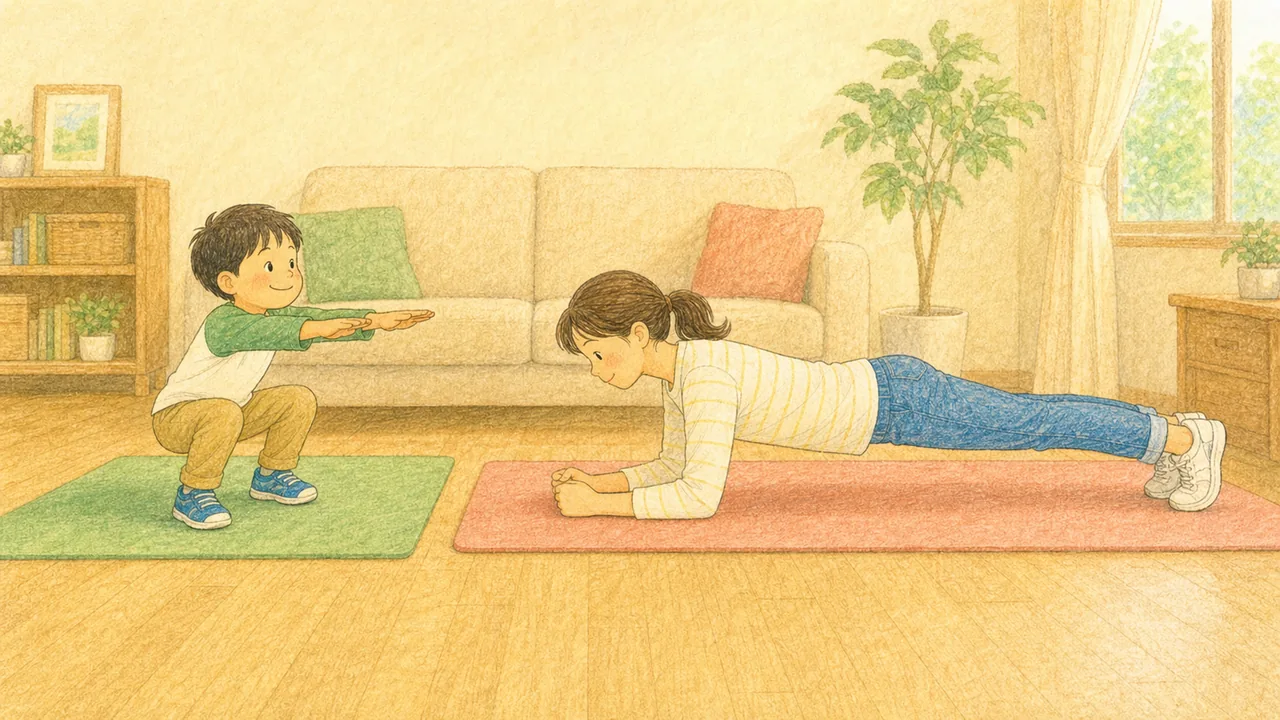 リビングでスクワットやプランクに取り組む親子の様子（イラスト）